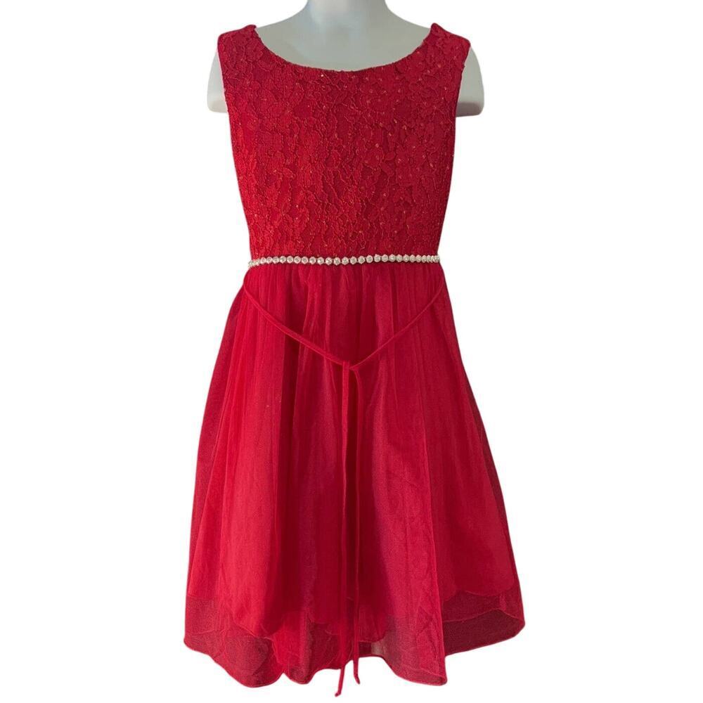-DRESS GIRLS red lace top dress pearl faux waist band Size 7, by speechless